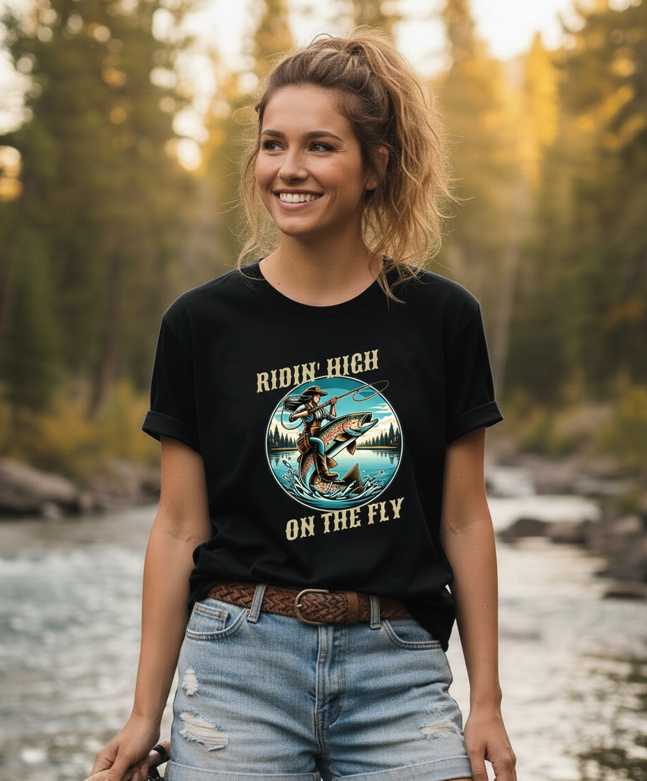 Closer portrait of female model wearing black fly fishing t-shirt