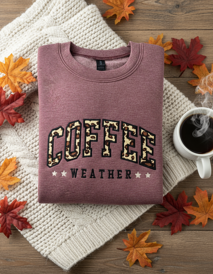 Coffee Weather sweatshirt folded with cozy background