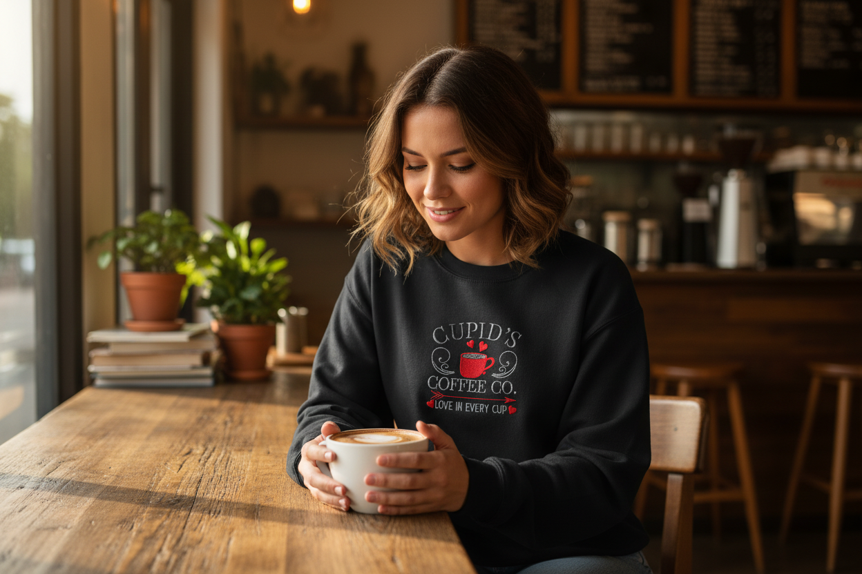 Cupid's Coffee Sweatshirt - Black on Female Model