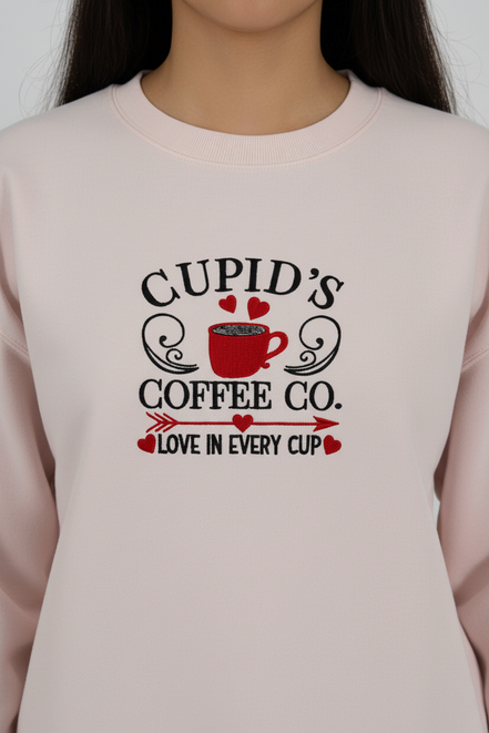Cupid's Coffee Sweatshirt - Light Pink Gildan Close-up