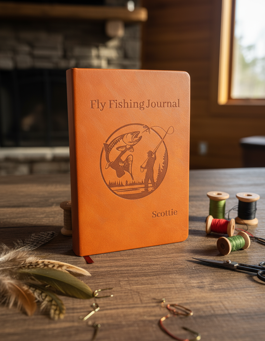 Custom Engraved Fly Fishing Journal at subtle angle on rustic desk