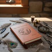 Custom Engraved Fly Fishing Journal front cover on rustic desk