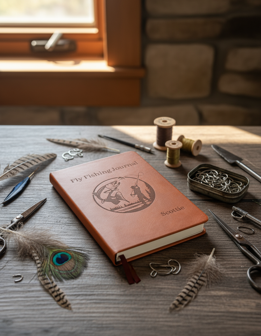 Custom Engraved Fly Fishing Journal front cover on rustic desk