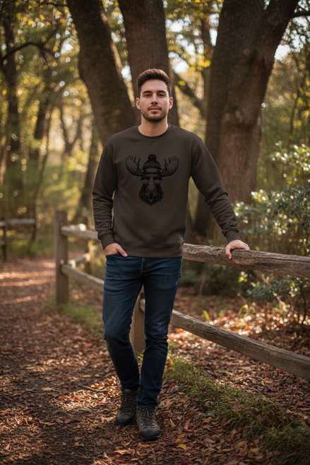 Dark chocolate sweatshirt with a moose wearing a beanie and sunglasses