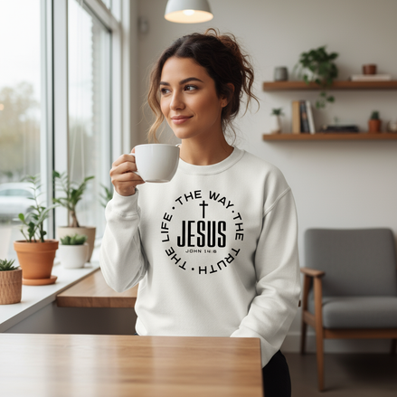 Different female model wearing Gildan white Jesus sweatshirt