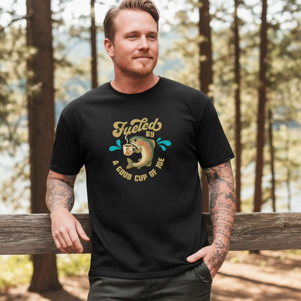 Different male model wearing Cup of Joe design on black t-shirt