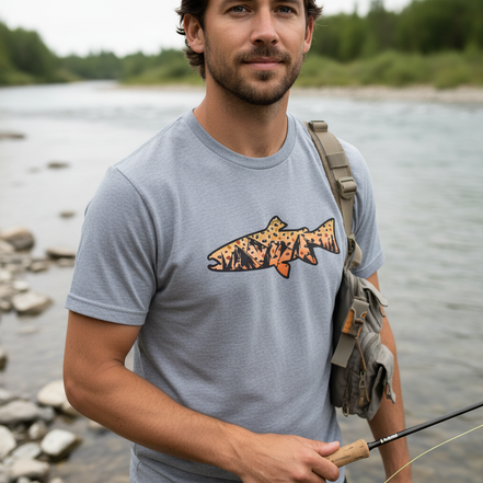 Different male model wearing Gildan sports grey brown trout t-shirt