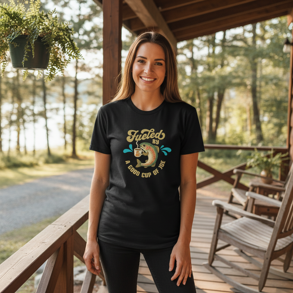 Different model wearing Cup of Joe t-shirt