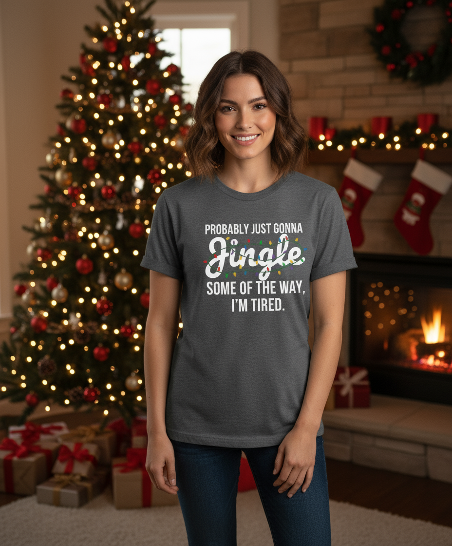 Different model wearing jingle t-shirt in Christmas setting
