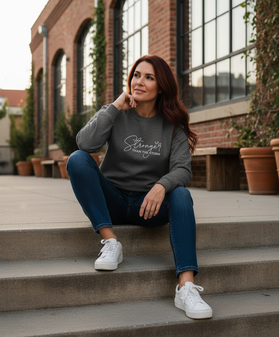 Different model wearing Stronger Than The Storm charcoal sweatshirt