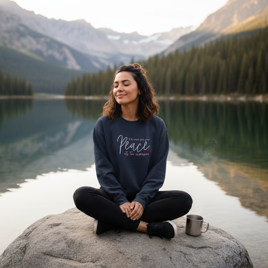 Different model wearing your navy sweatshirt in new setting