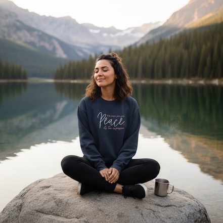 Different model wearing your navy sweatshirt in new setting