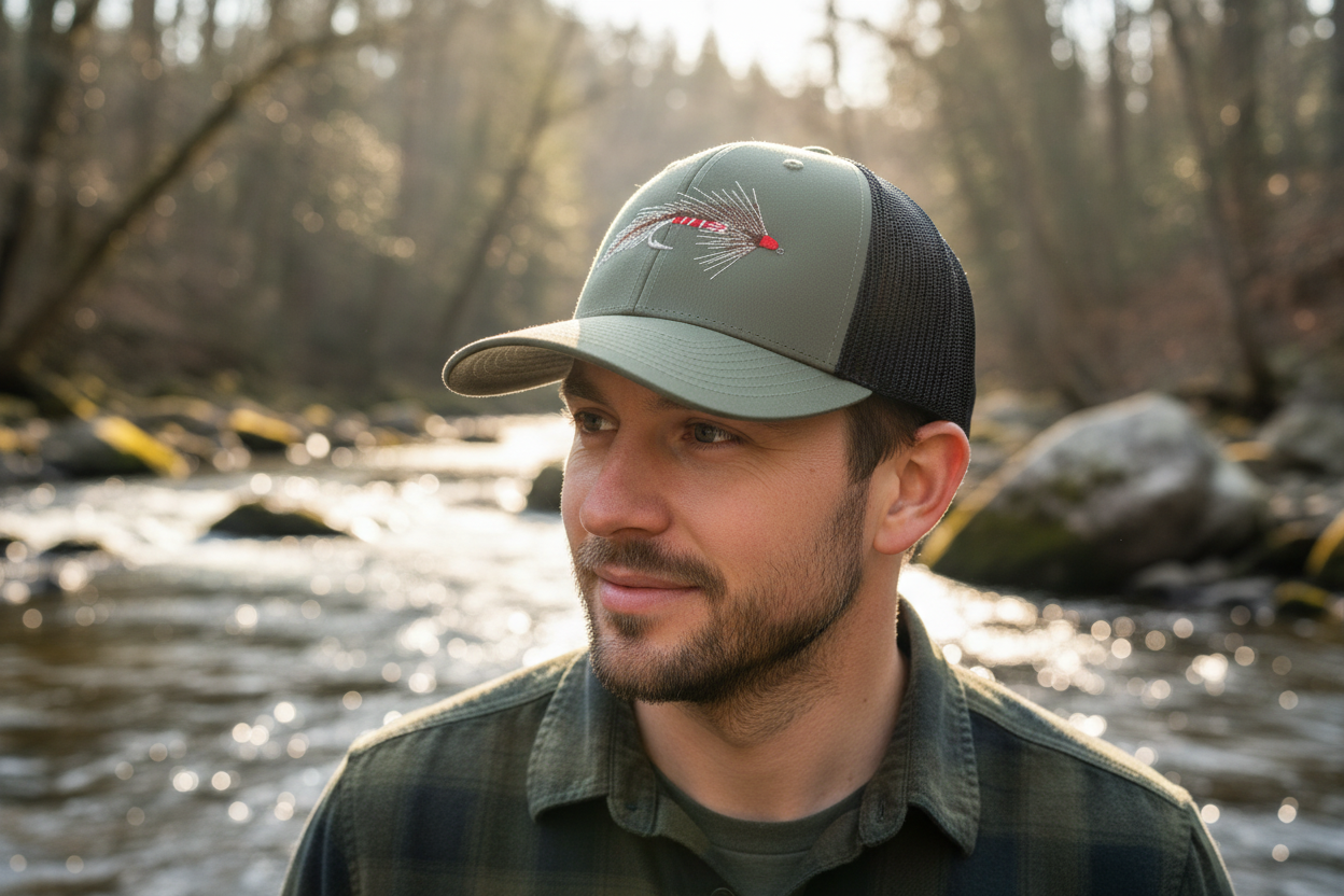 Embroidered Fly Fishing Hat on Model