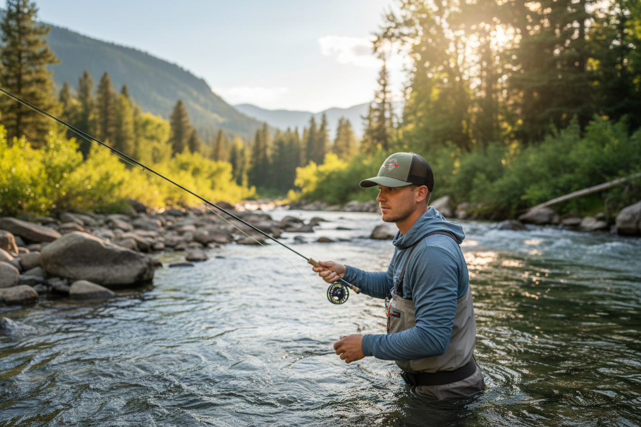 Embroidered Fly Fishing Hat on Model