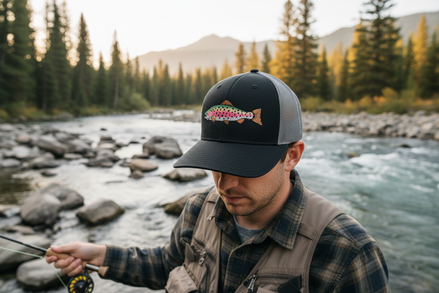 Embroidered Rainbow Trout Hat on Model