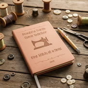 Engraved sewing journal front view in rustic setting
