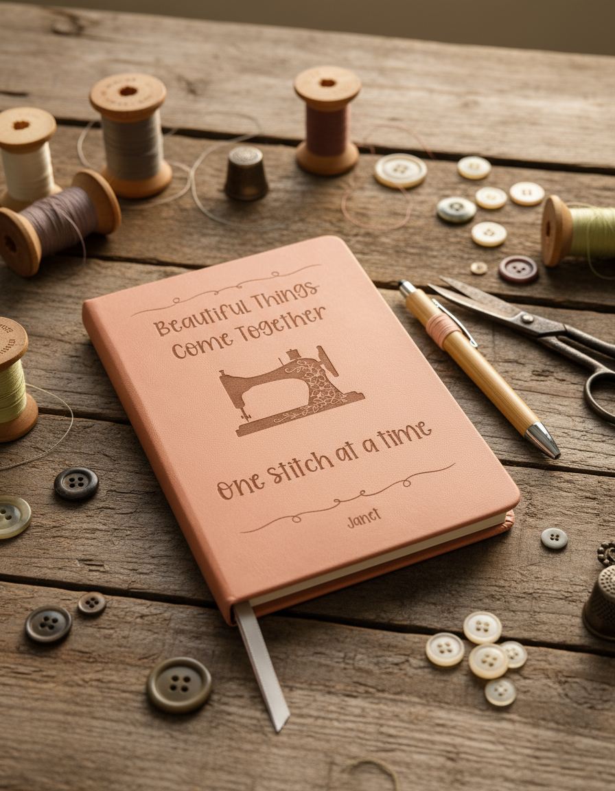 Engraved sewing journal front view in rustic setting