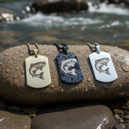 Engraved trout necklace in river setting