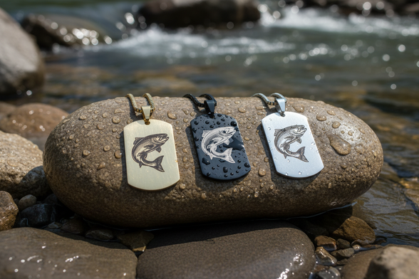Engraved trout necklace in river setting