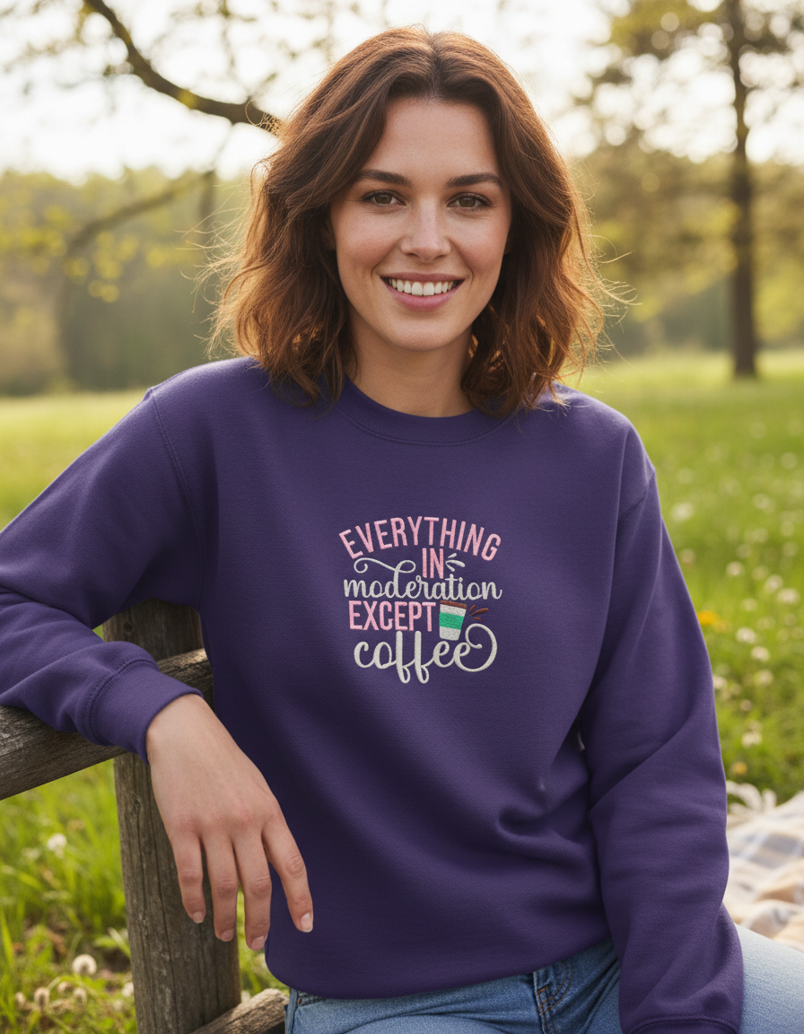 Purple  everything in moderation except coffee embroidered sweatshirt