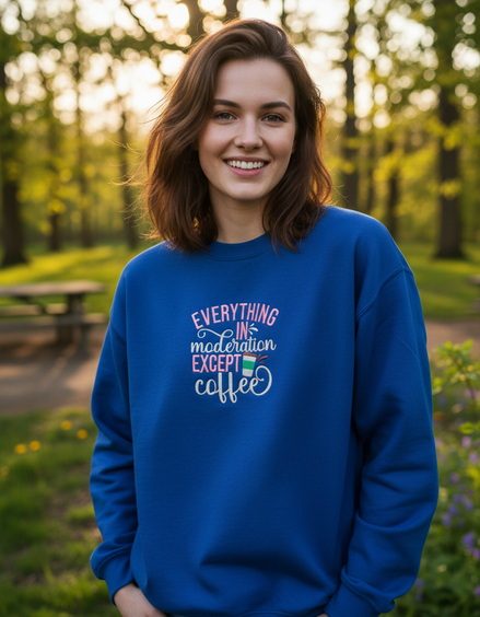 Royal blue everything in moderation except coffee embroidered sweatshirt