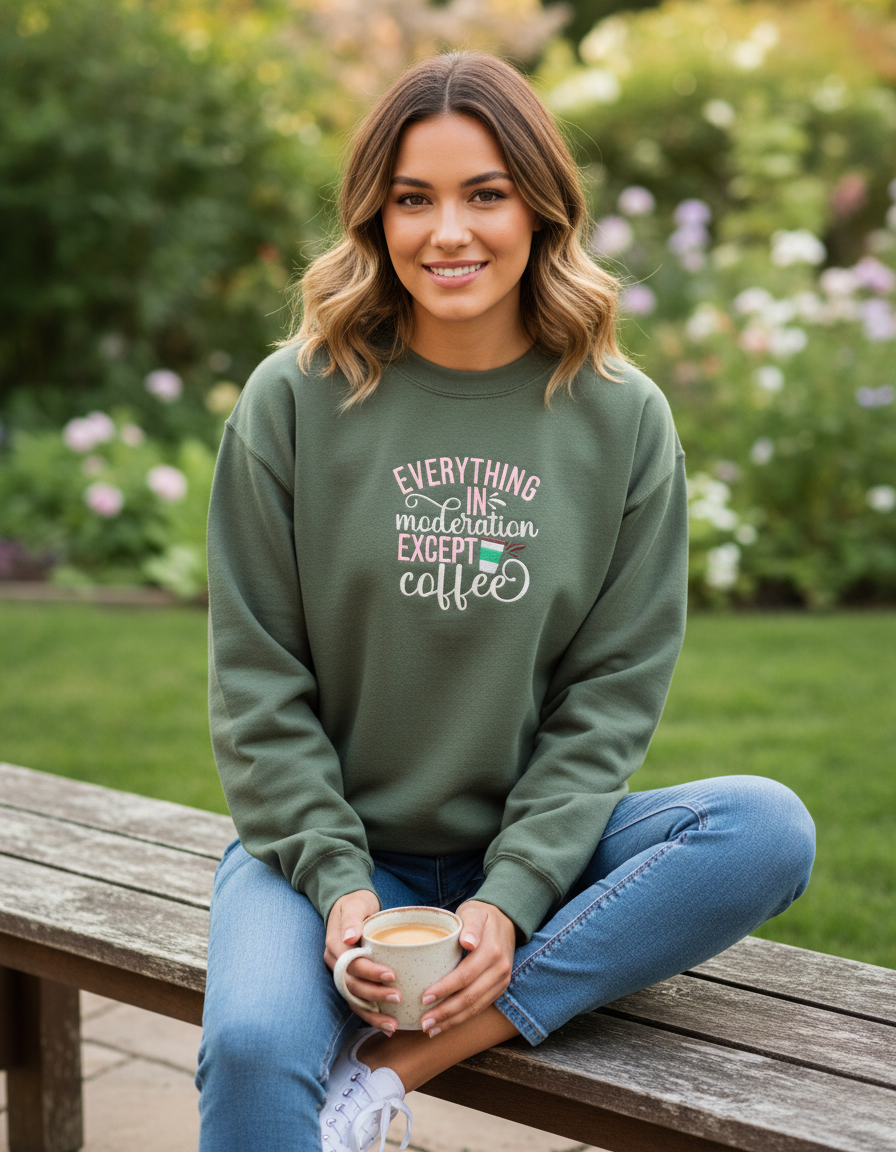 military green everything in moderation except coffee embroidered sweatshirt