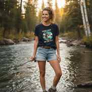 Female model wearing dark navy t-shirt with smaller fly fishing graphic