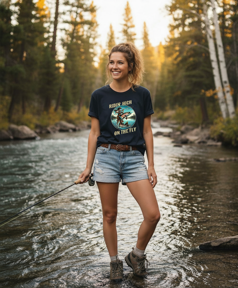 Female model wearing dark navy t-shirt with smaller fly fishing graphic