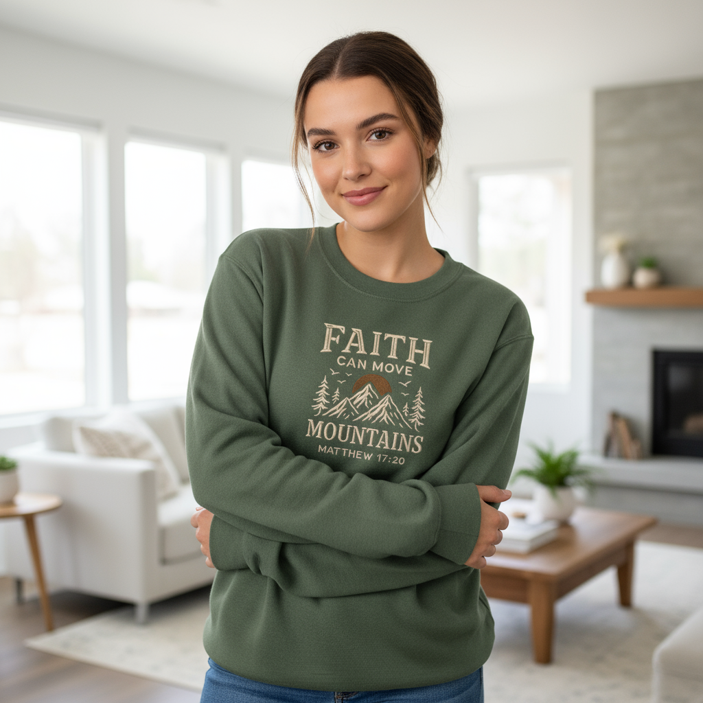 Female model wearing Faith Can Move Mountains sweatshirt with 8x7 inch design