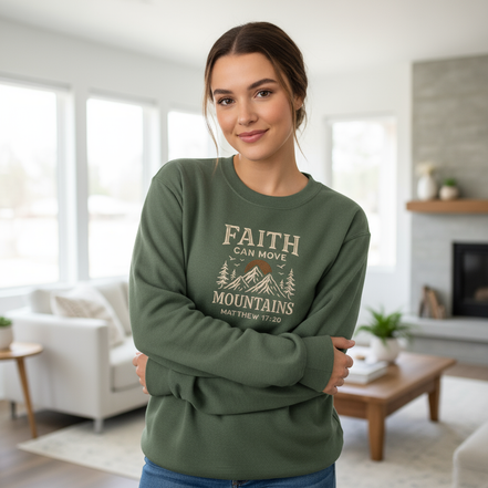 Female model wearing Faith Can Move Mountains sweatshirt with 8x7 inch design