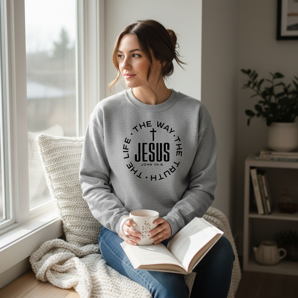 Female model wearing Gildan sport grey Jesus sweatshirt