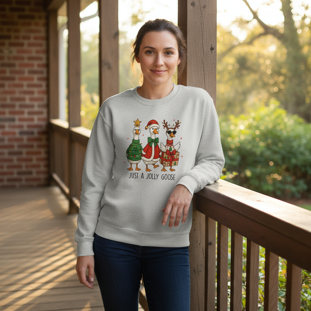 Female model wearing Gildan sports grey sweatshirt with Just A Jolly Goose design