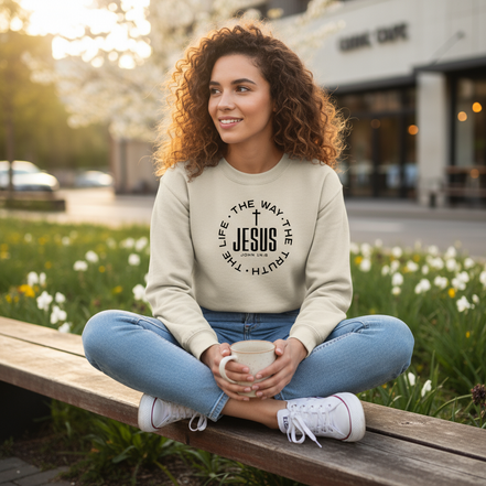 Female model wearing Jesus sweatshirt