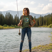 Female model wearing military green fly fishing t-shirt outdoors