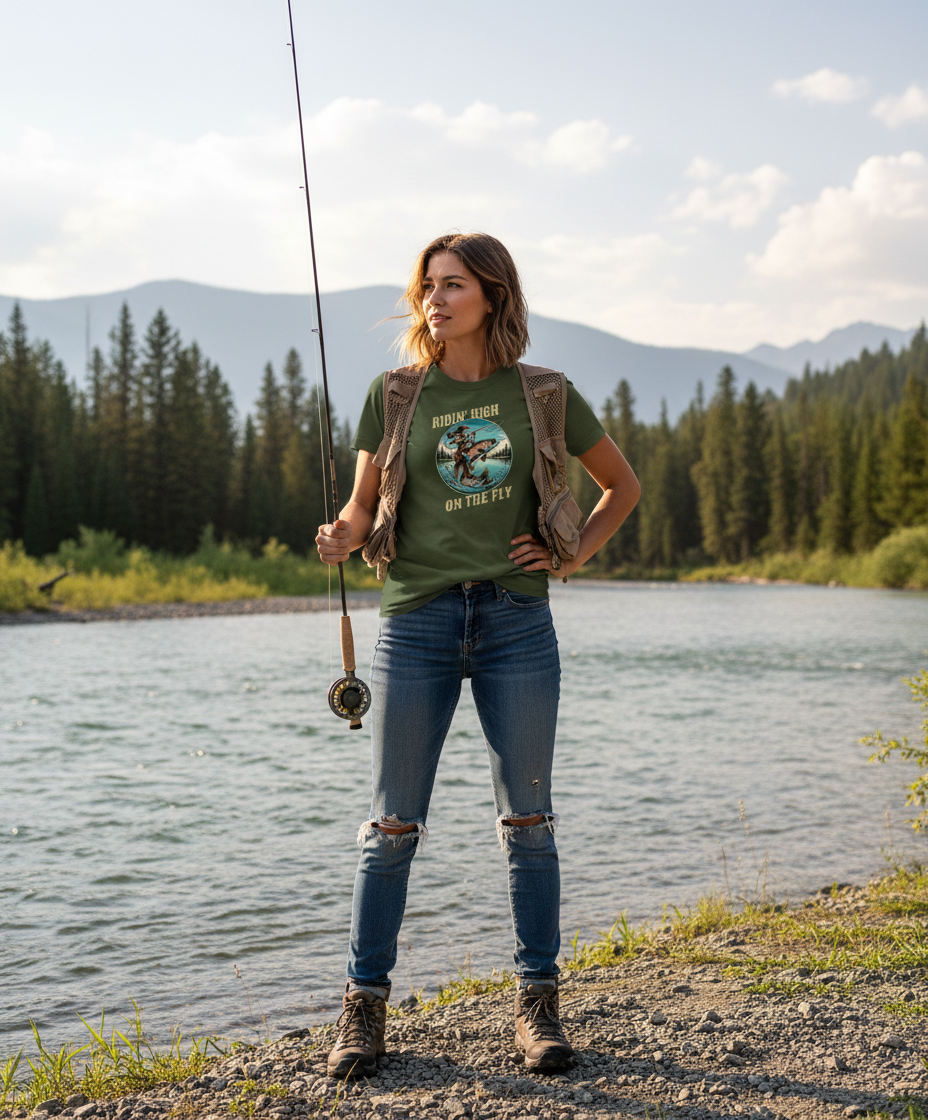 Female model wearing military green fly fishing t-shirt outdoors