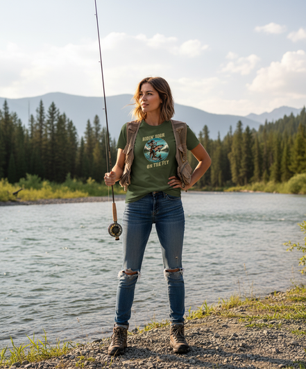 Female model wearing military green fly fishing t-shirt outdoors