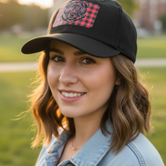 Female model wearing Red and Black Buffalo Plaid Mama Bear Hat 