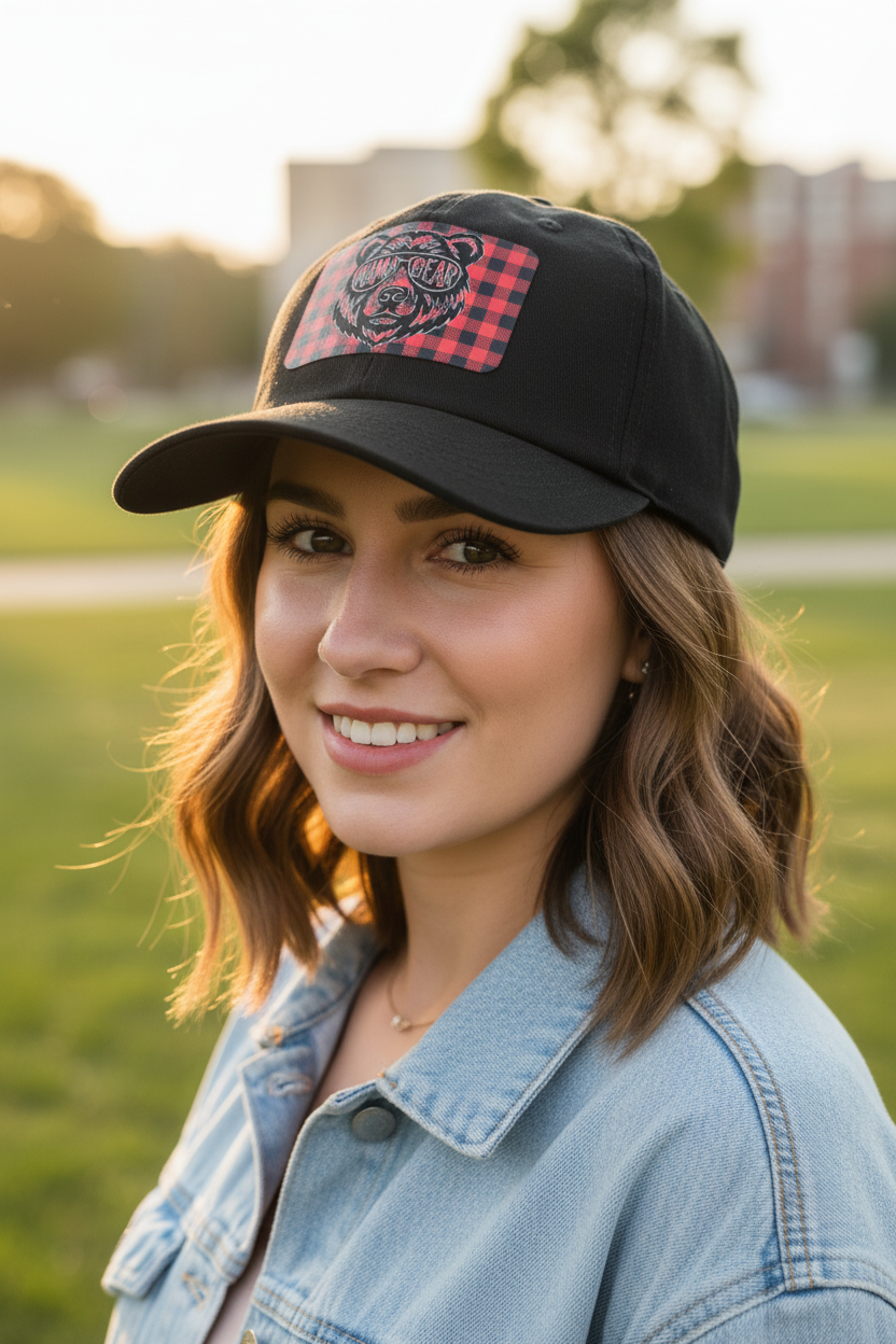 Female model wearing Red and Black Buffalo Plaid Mama Bear Hat 