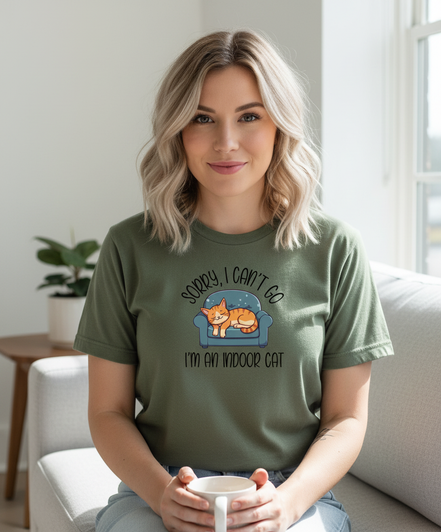 Female model wearing Sorry I Can't Go shirt in military green