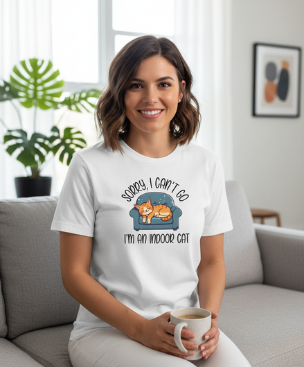 Female model wearing Sorry I Can't Go shirt with smaller design