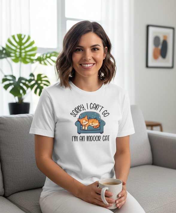 Female model wearing Sorry I Can't Go shirt with smaller design