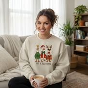 Female model wearing white Just A Jolly Goose sweatshirt