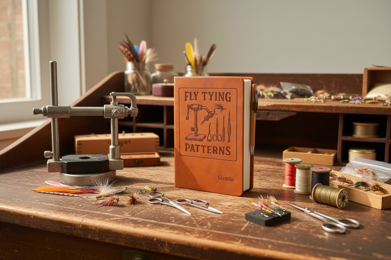 Fly Tying Patterns Journal on Antique Desk