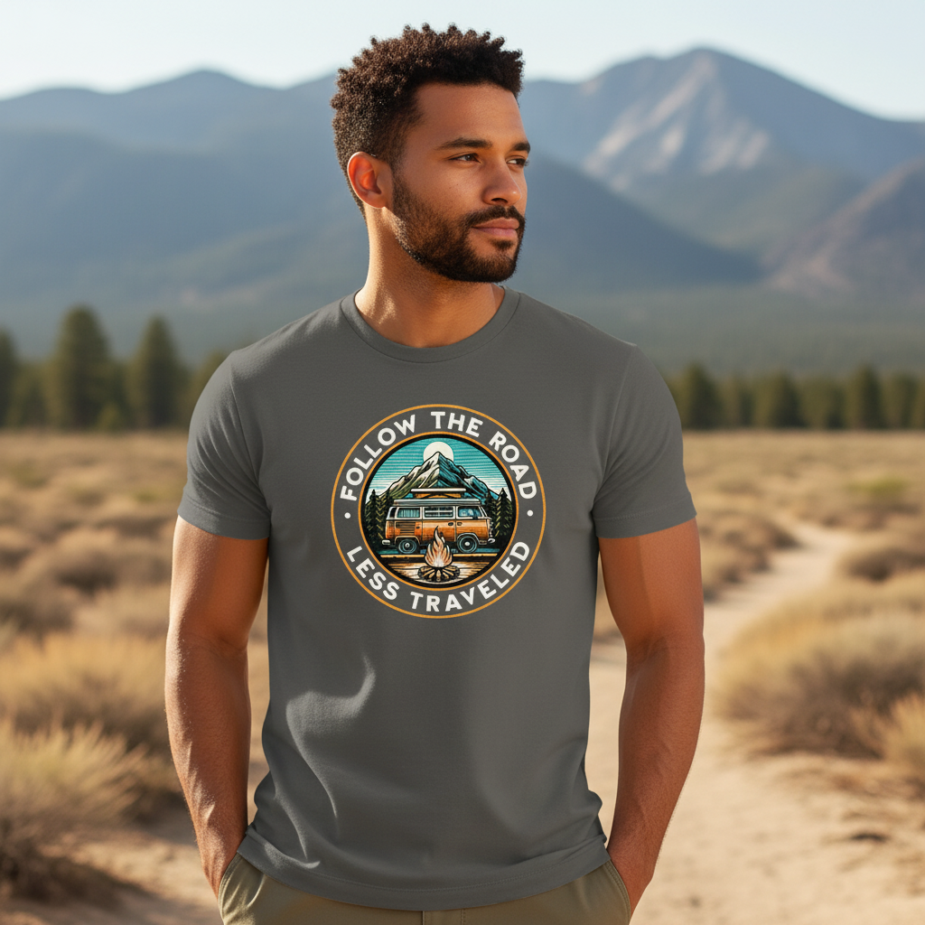Follow The Road Less Traveled on Charcoal Gildan T-Shirt - Different Model Mountain Setting