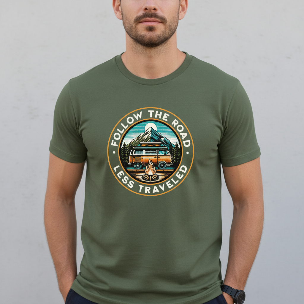 Follow The Road Less Traveled on Military Green Gildan T-Shirt - Different Model