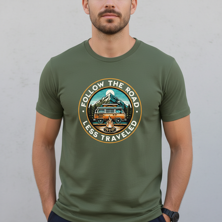 Follow The Road Less Traveled on Military Green Gildan T-Shirt - Different Model