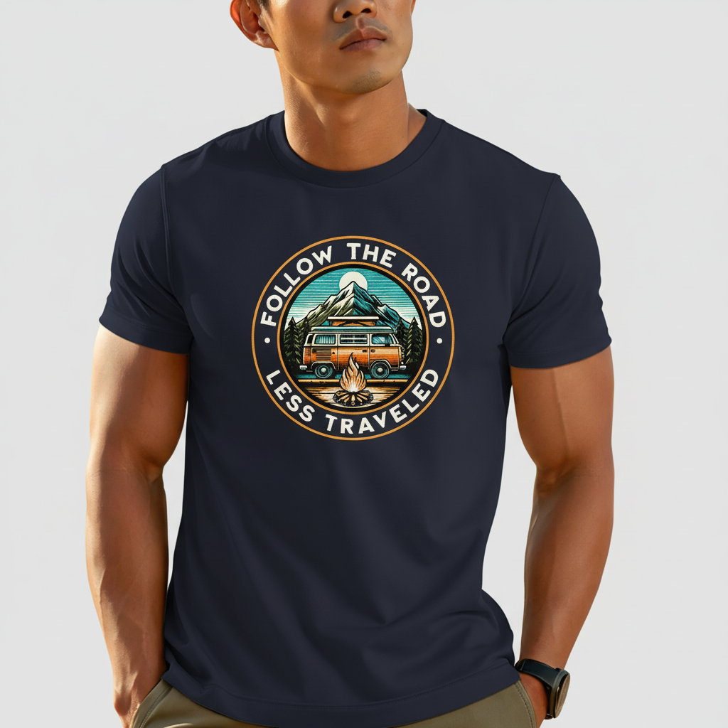 Follow The Road Less Traveled on Navy Gildan T-Shirt - Male Model
