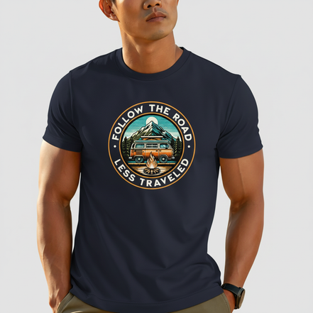Follow The Road Less Traveled on Navy Gildan T-Shirt - Male Model