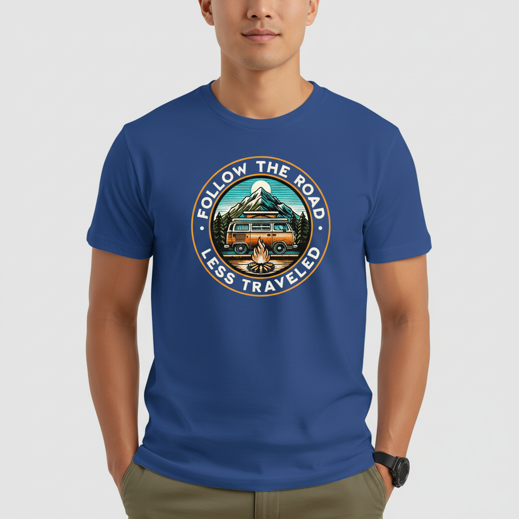 Follow The Road Less Traveled on Royal Blue Gildan T-Shirt - Different Model