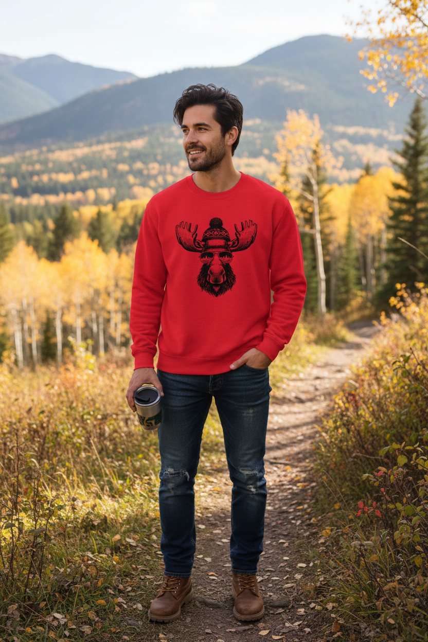 Red sweatshirt with a moose wearing a beanie and sunglasses